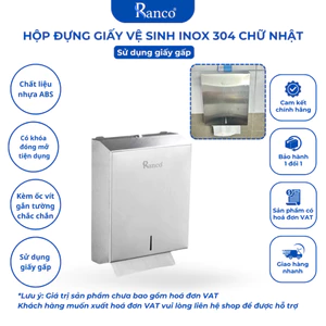 Hộp đựng giấy nhà vệ sinh rút lớn chữ nhật RANCO gắn tường chất liệu inox 304 chống gỉ sét KT - 404