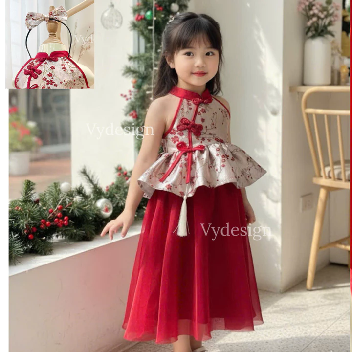 Váy Tết Công Chúa Cho Bé Gái LANVY. Thiết Kế Cổ Yếm, Chất Gấm Hoa Thêu, Cho Bé Mặc Noel,Tết, Kèm Phụ Kiện