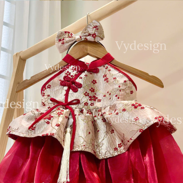 Váy Tết Công Chúa Cho Bé Gái LANVY. Thiết Kế Cổ Yếm, Chất Gấm Hoa Thêu, Cho Bé Mặc Noel,Tết, Kèm Phụ Kiện