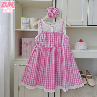Váy Bé Gái AZD566 Kèm Cột Tóc – Đầm Kẻ Sọc Cotton Phối Ren Thêu Cao Cấp, Cài Nút
