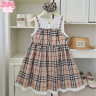 Váy Bé Gái AZD566 Kèm Cột Tóc – Đầm Kẻ Sọc Cotton Phối Ren Thêu Cao Cấp, Cài Nút