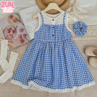 Váy Bé Gái AZD566 Kèm Cột Tóc – Đầm Kẻ Sọc Cotton Phối Ren Thêu Cao Cấp, Cài Nút