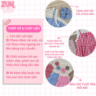 Váy Bé Gái AZD566 Kèm Cột Tóc – Đầm Kẻ Sọc Cotton Phối Ren Thêu Cao Cấp, Cài Nút