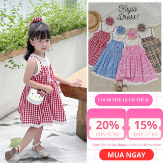 Váy Bé Gái AZD566 Kèm Cột Tóc – Đầm Kẻ Sọc Cotton Phối Ren Thêu Cao Cấp, Cài Nút