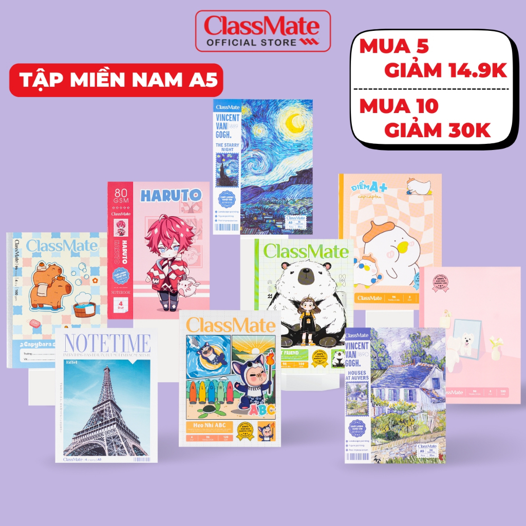 Tập Học Sinh Miền Nam A5 120gsm Classmate Vở 4 Ô Ly 96/200 Trang Giấy Mịn Vở 5 Ô Li 70/80/100/120gsm Tập Viết Bài NA5