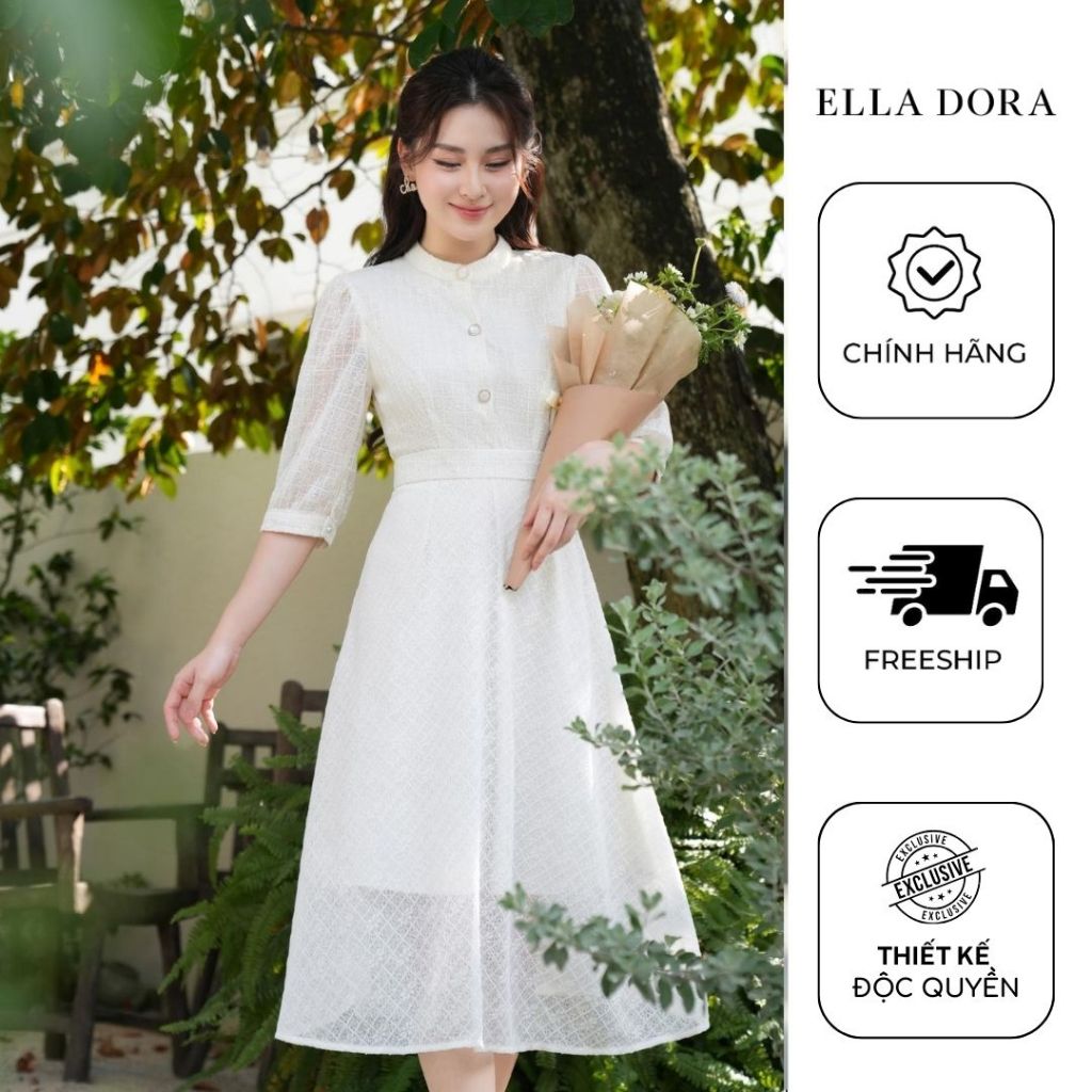Đầm nữ ELLA DORA thiết kế ren hoa tay lửng cổ trụ dáng midi xòe nhẹ thanh lịch nữ tính [D87]