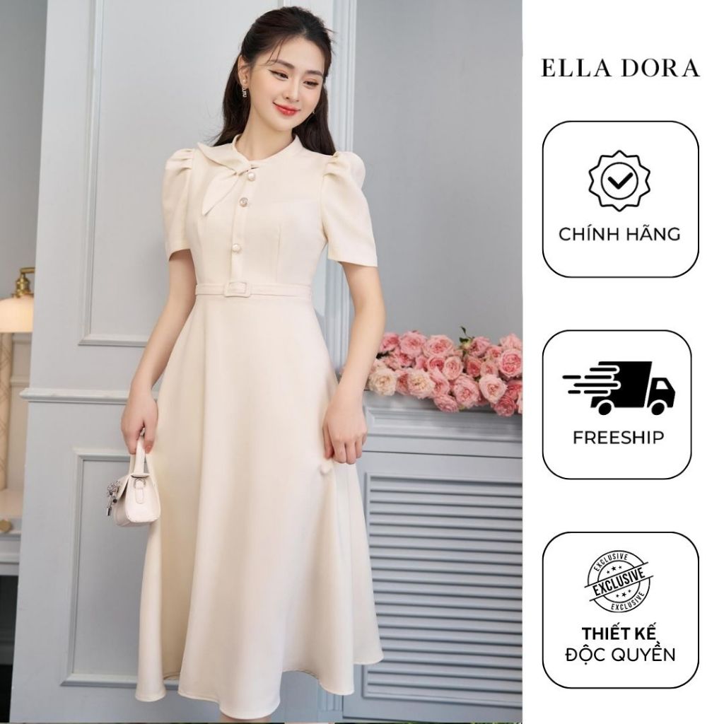 Váy liền thân thiết kế Ella Dora cổ nơ dáng xòe nhẹ thanh lịch tay bồng duyên dáng [D96]