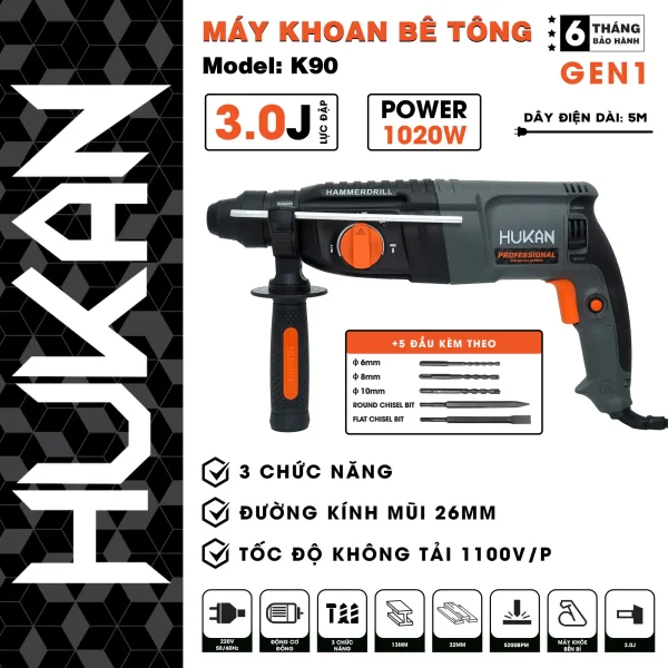 Máy Khoan Bê Tông 3 Chức Năng HUKAN (GEN 1) K90 | 1020W Mạnh Mẽ – Lực Đập 3.0J – Mũi 26mm – Khoan, Đục, Bắt Vít – Dây 5m