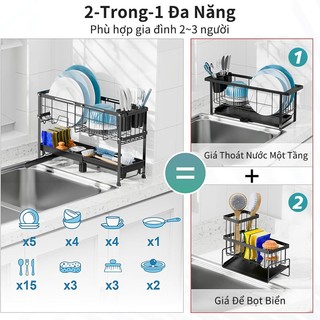 Gslife Kệ Để Bát Đĩa 2 Tầng Co Giãn Đa Năng - Thoát Nước Hiệu Quả, Có Giá Đựng Đũa & Thìa