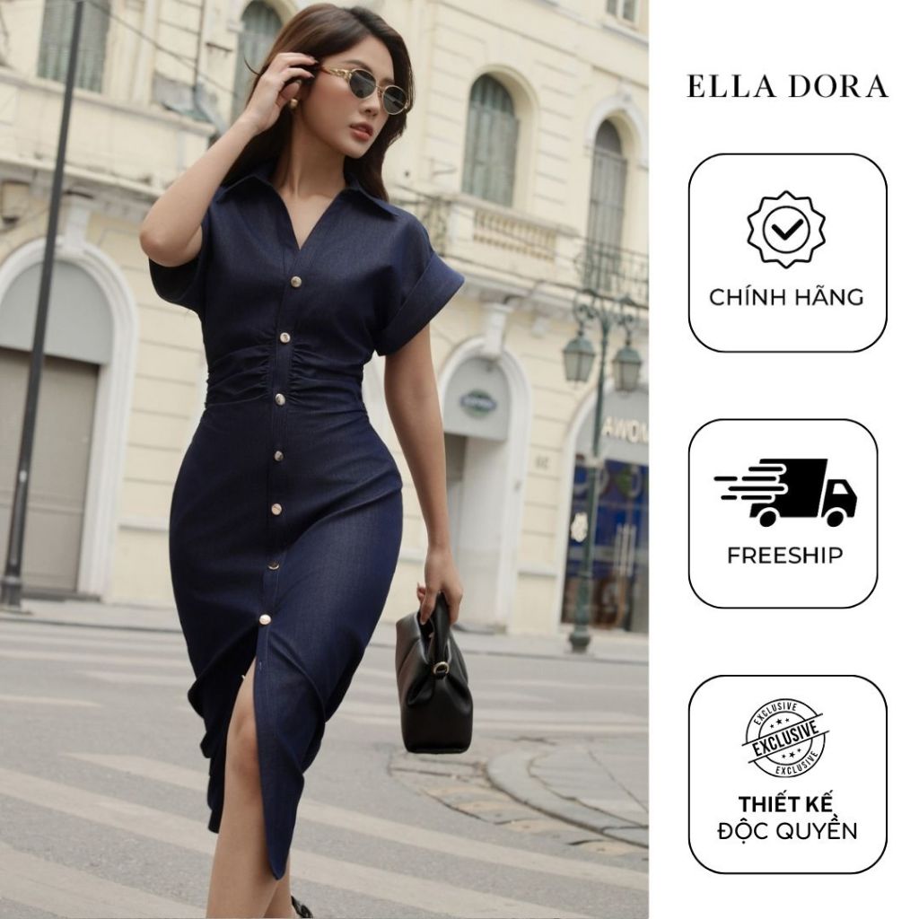 Đầm Denim ELLA DORA thiết kế tôn dáng phong cách thanh lịch sang trọng màu XANH ĐẬM [D236]