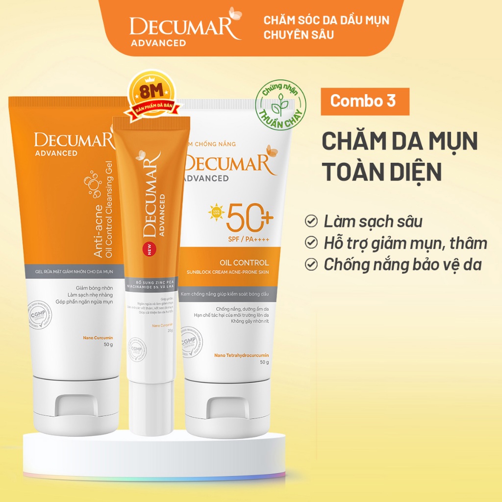 Combo Decumar Advanced gồm 1 Gel ngừa mụn, 01 Gel rửa mặt, 01 kem chống ...