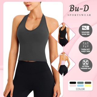 Áo tập gym nữ, áo tập yoga có mút nâng ngực cổ yếm hở lưng sexy chất Poly mát mịn (mã Ao246)