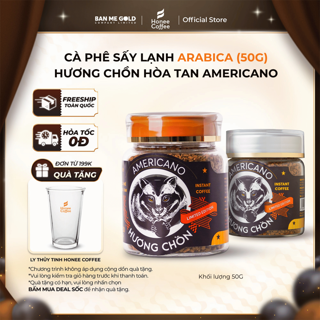 [TẶNG LY THỦY TINH] cà phê sấy lạnh từ 100% cà phê arabica - cafe sấy lạnh (50g) cà phê hoà tan dùng liền - honee coffee