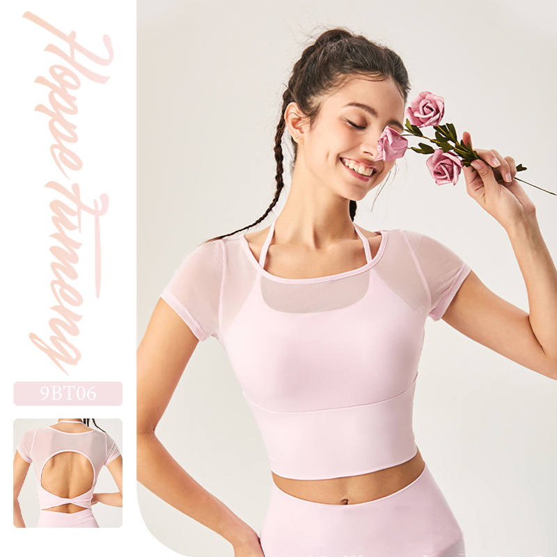 【Hoppe Fumeng】Áo 2 lớp giả nữ thể dục: Đệm ngực, thoáng khí, tơ lưới, ôm dáng