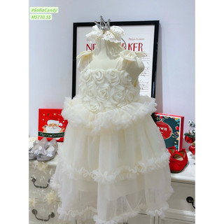 🎅 Váy Noel/Tết bé gái🎄Đầm công chúa bé gái hoa 3D, voan mềm, dáng xòe tầng sang trọng - Đi tiệc, Noel, Tết