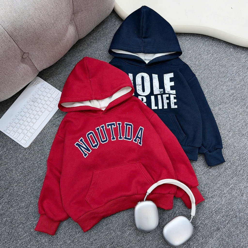 Áo HOODIE NỈ LÓT NHUNG cho bé trai, chất dày mềm mịn, không bai xù. Lớp nhung mềm êm ấm, Dáng thời trang, size 17-60kg