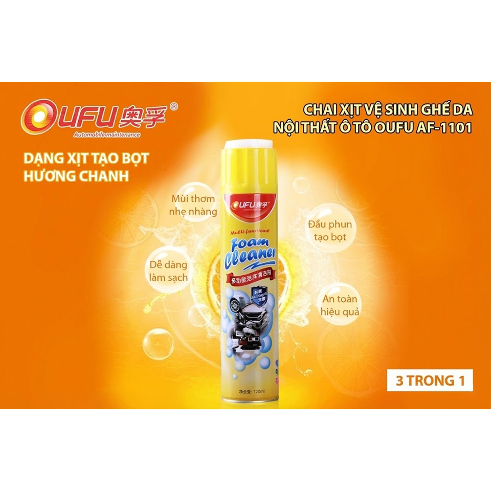 Chai Xịt Vệ Sinh Ghế Da Nội Thất Xe OUFU AF-1101 720ml Phù Hợp Vệ Sinh Nội Thất Xe Ô Tô Xe Hơi Xe Tải Tại Nhà