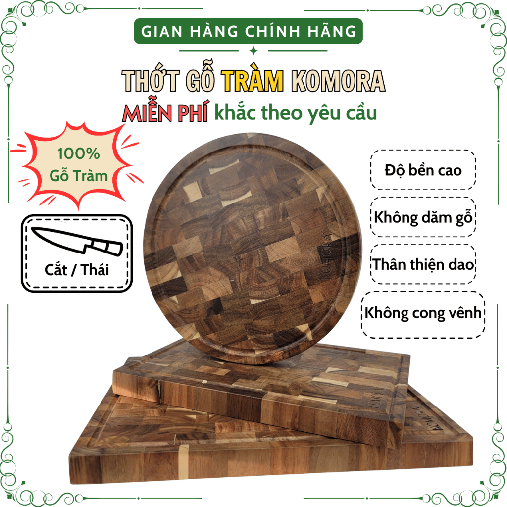 [Miễn Phí Khắc Theo Yêu Cầu] Thớt Gỗ Tràm KOMORA, Quà Tặng Ý Nghĩa, Không Dăm Gỗ, Bền Chắc, Độ Bền Cao