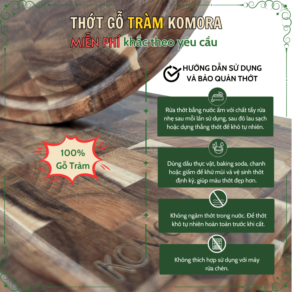 [Miễn Phí Khắc Theo Yêu Cầu] Thớt Gỗ Tràm KOMORA, Quà Tặng Ý Nghĩa, Không Dăm Gỗ, Bền Chắc, Độ Bền Cao