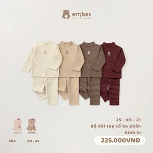 Bộ Giữ Nhiệt Cho Bé Embes, Bộ Dài Tay Cổ 3P Kẻ Ngang Ngực In Hình Cho Bé Từ 8-18Kg