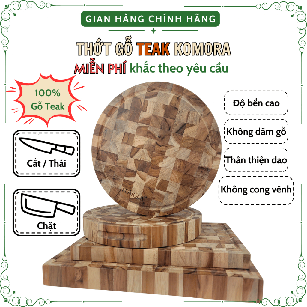 [Miễn Phí Khắc Theo Yêu Cầu] Thớt Gỗ Teak KOMORA, Quà Tặng Ý Nghĩa, Không Dăm Gỗ, Bền Chắc, Độ Bền Cao