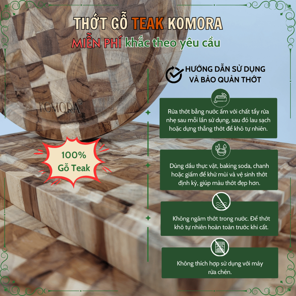 [Miễn Phí Khắc Theo Yêu Cầu] Thớt Gỗ Teak KOMORA, Quà Tặng Ý Nghĩa, Không Dăm Gỗ, Bền Chắc, Độ Bền Cao