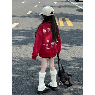 Áo Nỉ Bé Gái Dáng Rộng Màu Đỏ Họa Tiết Nơ Siêu Dễ Thương – Size 16–45kg