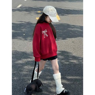 Áo Nỉ Bé Gái Dáng Rộng Màu Đỏ Họa Tiết Nơ Siêu Dễ Thương – Size 16–45kg