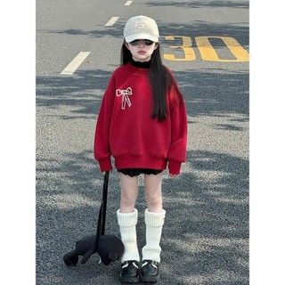 Áo Nỉ Bé Gái Dáng Rộng Màu Đỏ Họa Tiết Nơ Siêu Dễ Thương – Size 16–45kg