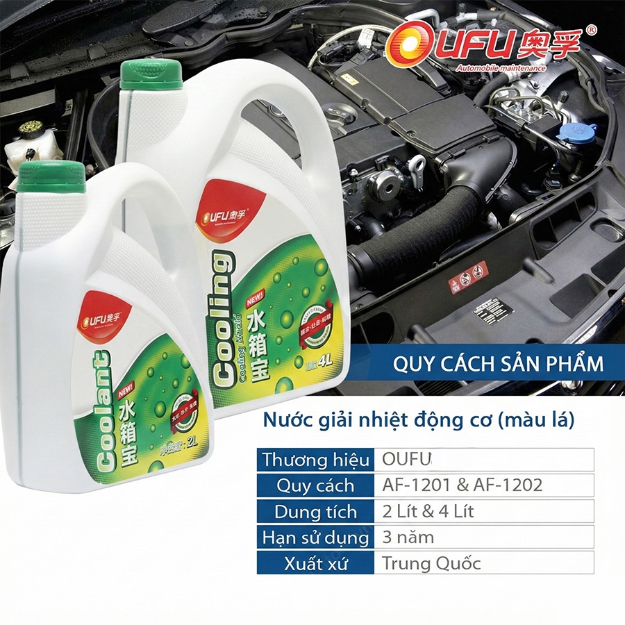 Nước Làm Mát Giải Nhiệt Động Cơ Xe Màu Lá OUFU AF-1201 2L Phù Hợp Cho Nhiều Dòng Xe Ô Tô Xe Hơi Xe Tải Xe Máy