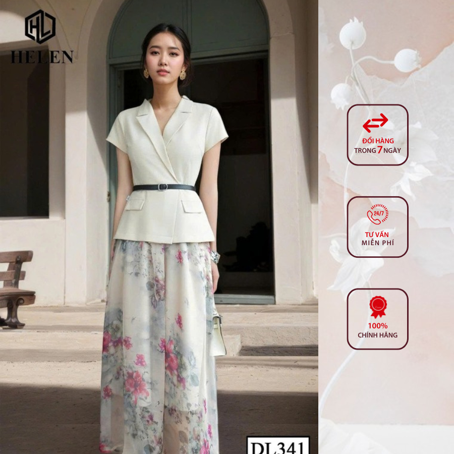 Đầm công sở HELEN thiết kế dáng xòe cổ vest kem phối chân họa DL341
