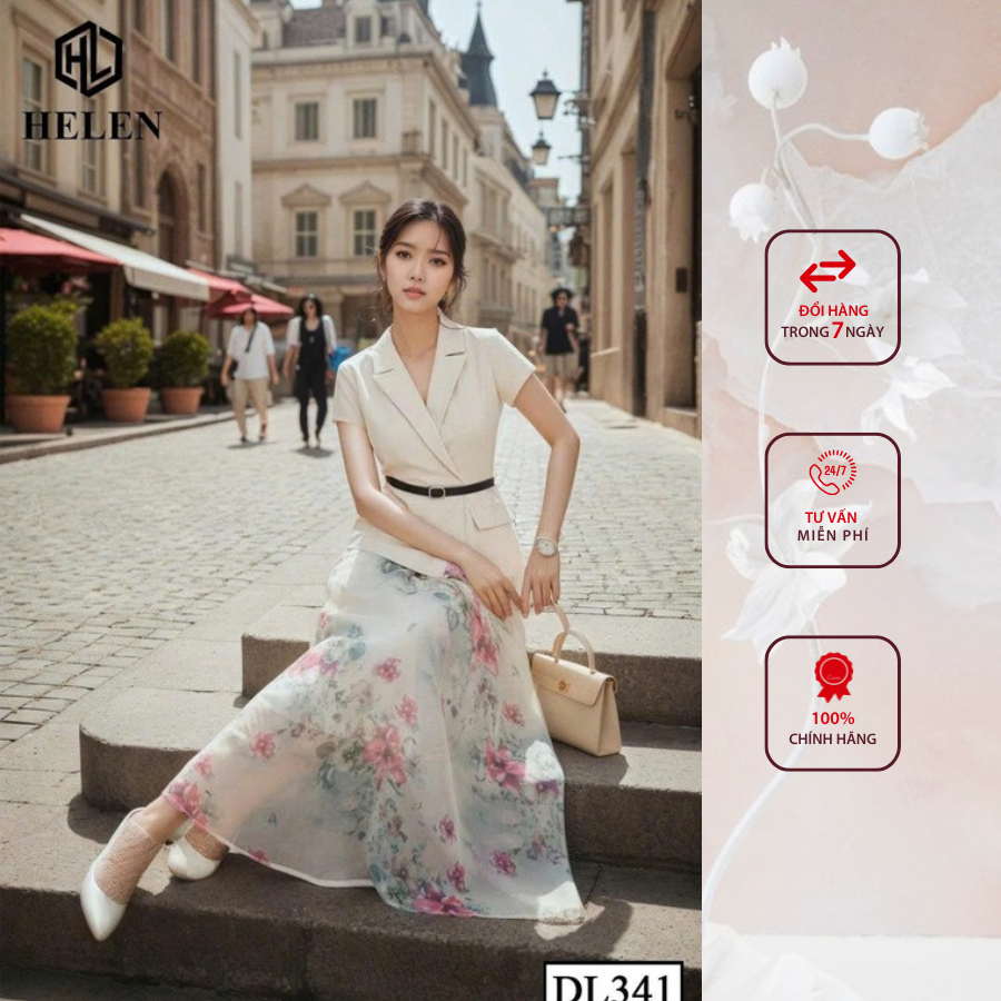 Đầm công sở HELEN thiết kế dáng xòe cổ vest kem phối chân họa DL341