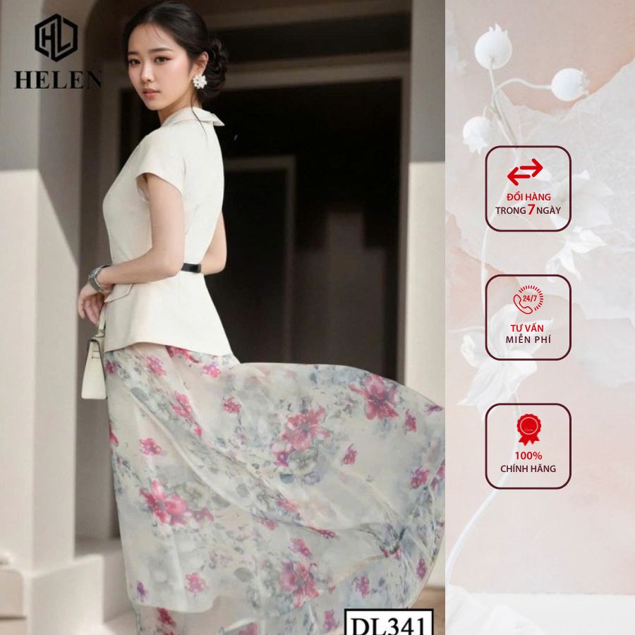 Đầm công sở HELEN thiết kế dáng xòe cổ vest kem phối chân họa DL341