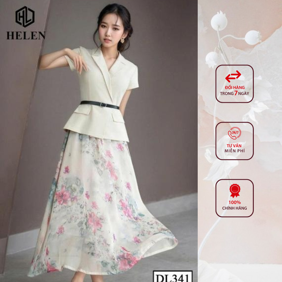Đầm công sở HELEN thiết kế dáng xòe cổ vest kem phối chân họa DL341