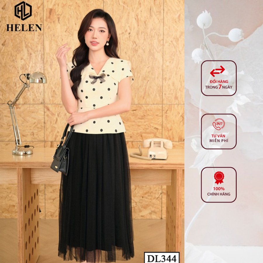 Đầm công sở HELEN thiết kế dáng xòe chấm bi phôi chân ren đen DL344