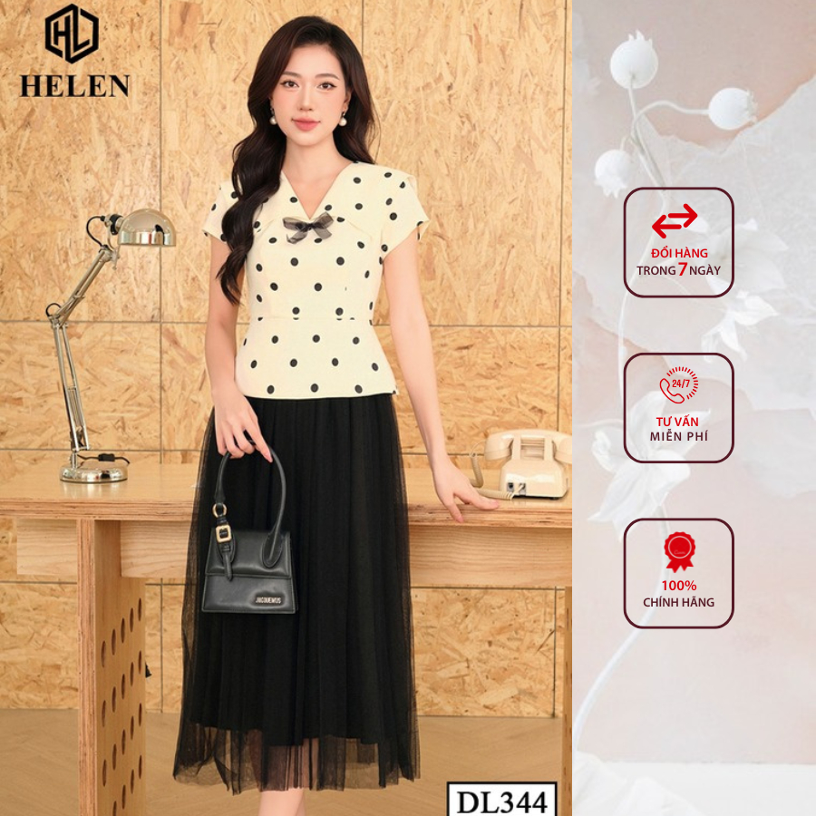 Đầm công sở HELEN thiết kế dáng xòe chấm bi phôi chân ren đen DL344