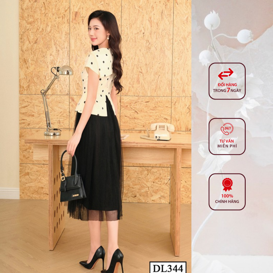 Đầm công sở HELEN thiết kế dáng xòe chấm bi phôi chân ren đen DL344