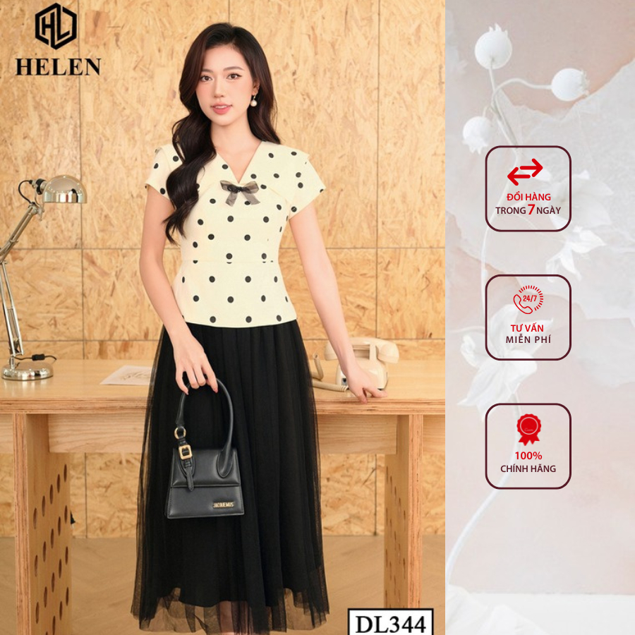 Đầm công sở HELEN thiết kế dáng xòe chấm bi phôi chân ren đen DL344