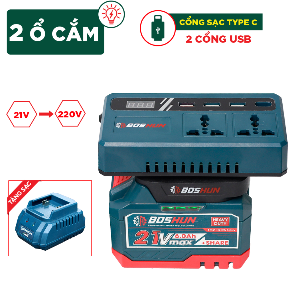 [ĐÈN LED] Bộ Chuyển Đổi Biến Tần 12-220V Boshun BS-CD220PRO, 2 Ô Cắm/ Đèn LED, Kèm Pin Sạc Nhựa ABS