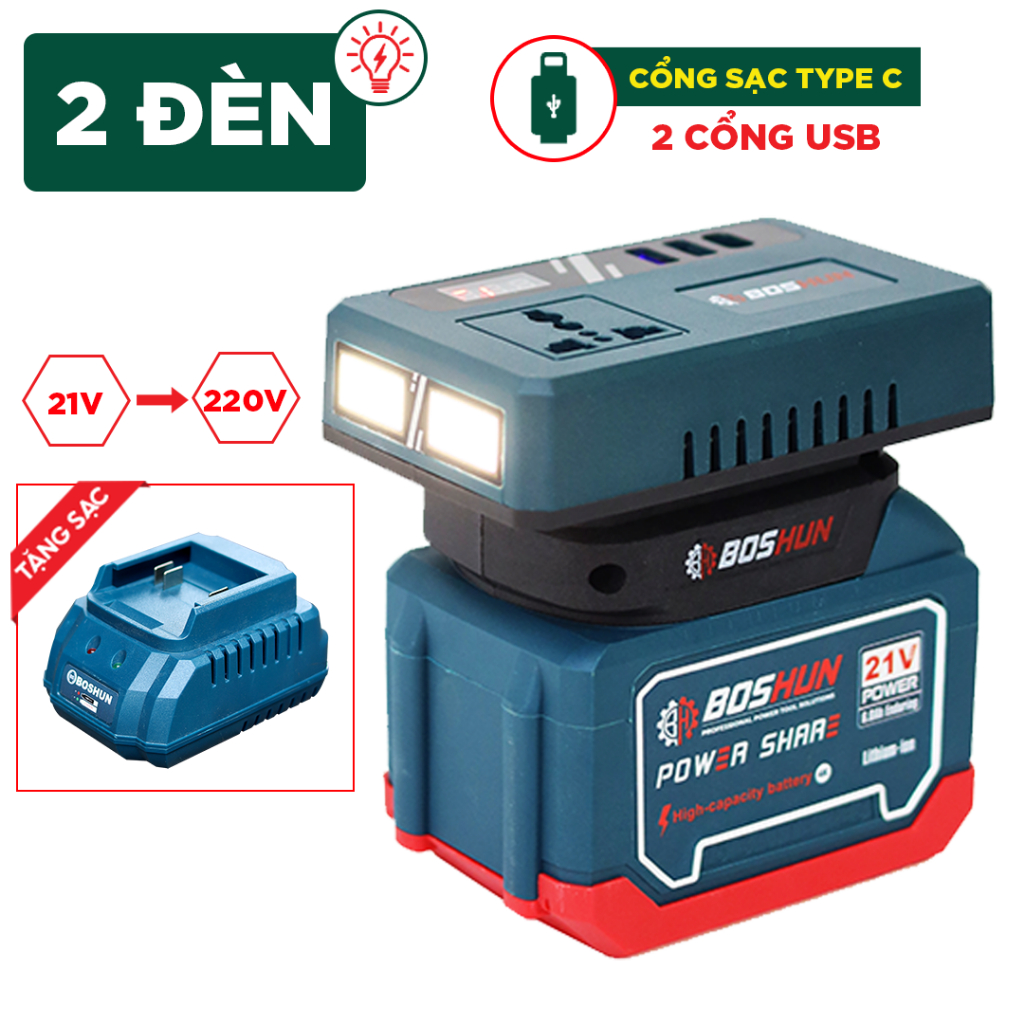 [ĐÈN LED] Bộ Chuyển Đổi Biến Tần 12-220V Boshun BS-CD220PRO, 2 Ô Cắm/ Đèn LED, Kèm Pin Sạc Nhựa ABS