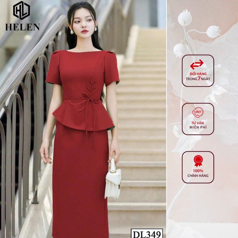 Đầm công sở HELEN thiết kế dáng ôm màu đỏ hoa eo cách điệu DL349