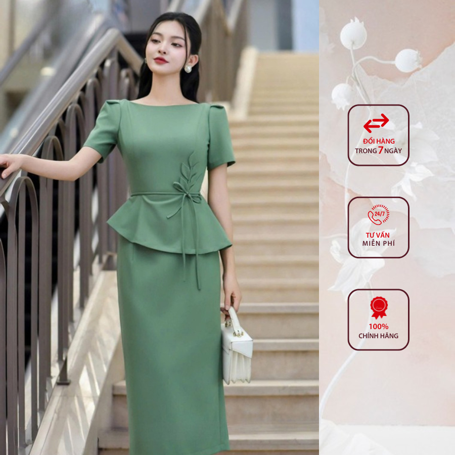 Đầm công sở HELEN thiết kế dáng ôm màu đỏ hoa eo cách điệu DL349