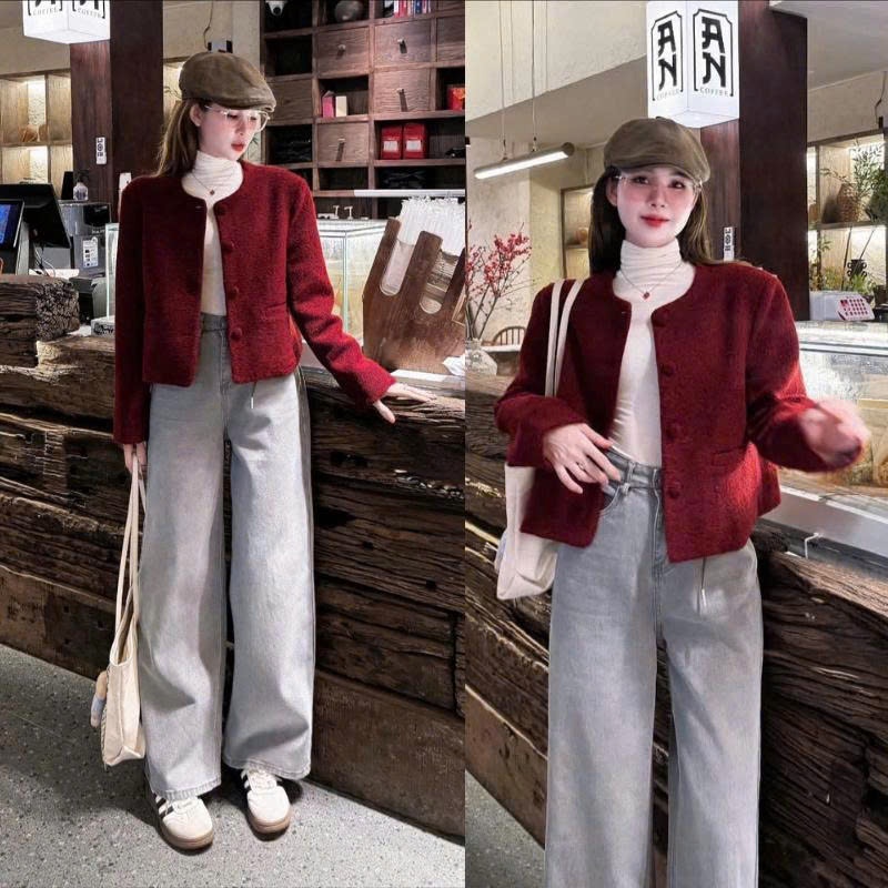ZIMM STORE -Áo Khoác Đỏ Đô Tweed Dáng Ôm Sang Trọng Mix Cùng Chân Váy