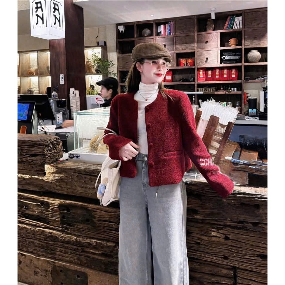 ZIMM STORE -Áo Khoác Đỏ Đô Tweed Dáng Ôm Sang Trọng Mix Cùng Chân Váy