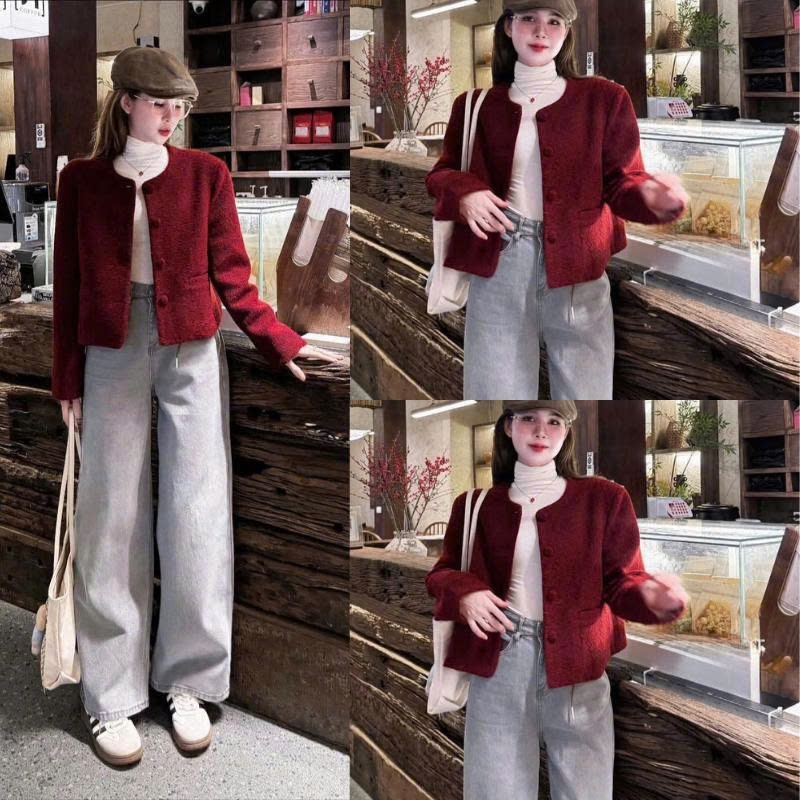 ZIMM STORE -Áo Khoác Đỏ Đô Tweed Dáng Ôm Sang Trọng Mix Cùng Chân Váy