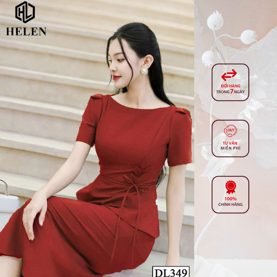 Đầm công sở HELEN thiết kế dáng ôm màu đỏ hoa eo cách điệu DL349