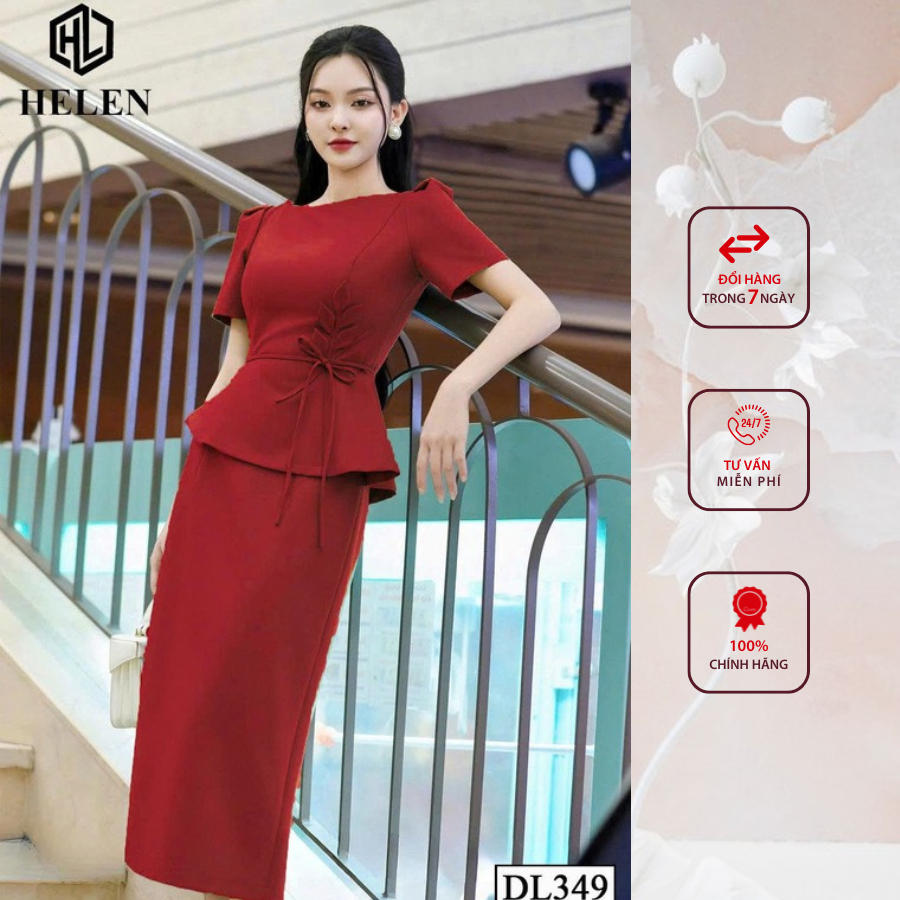 Đầm công sở HELEN thiết kế dáng ôm màu đỏ hoa eo cách điệu DL349