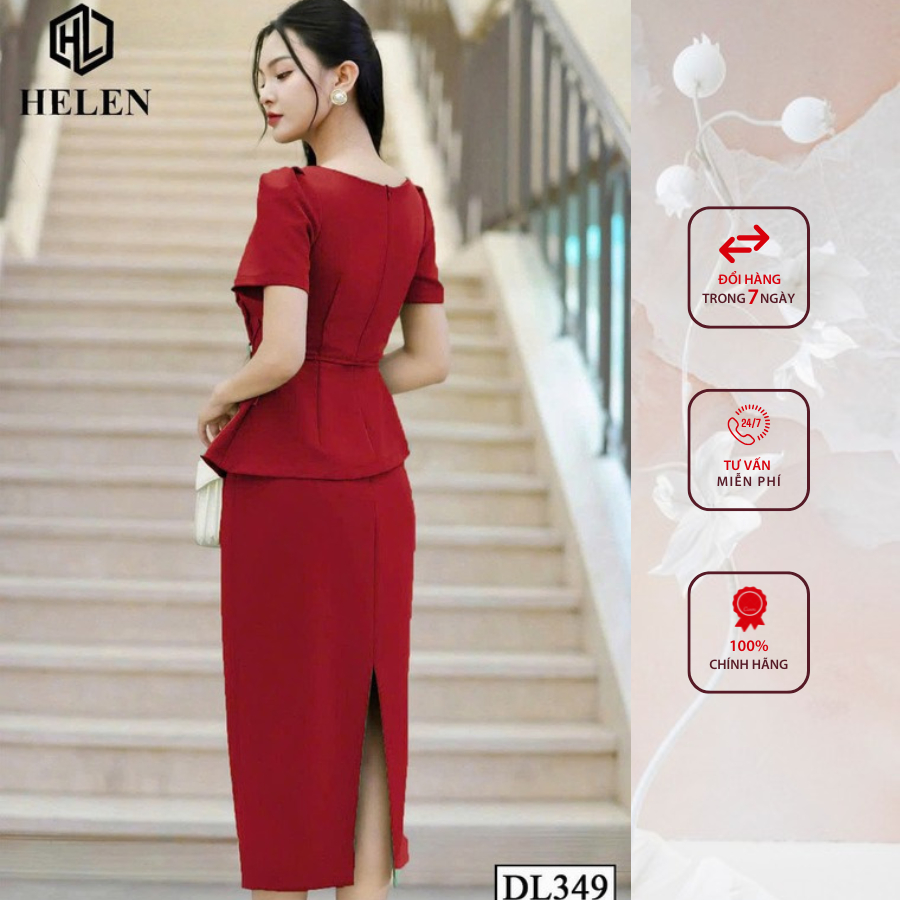 Đầm công sở HELEN thiết kế dáng ôm màu đỏ hoa eo cách điệu DL349