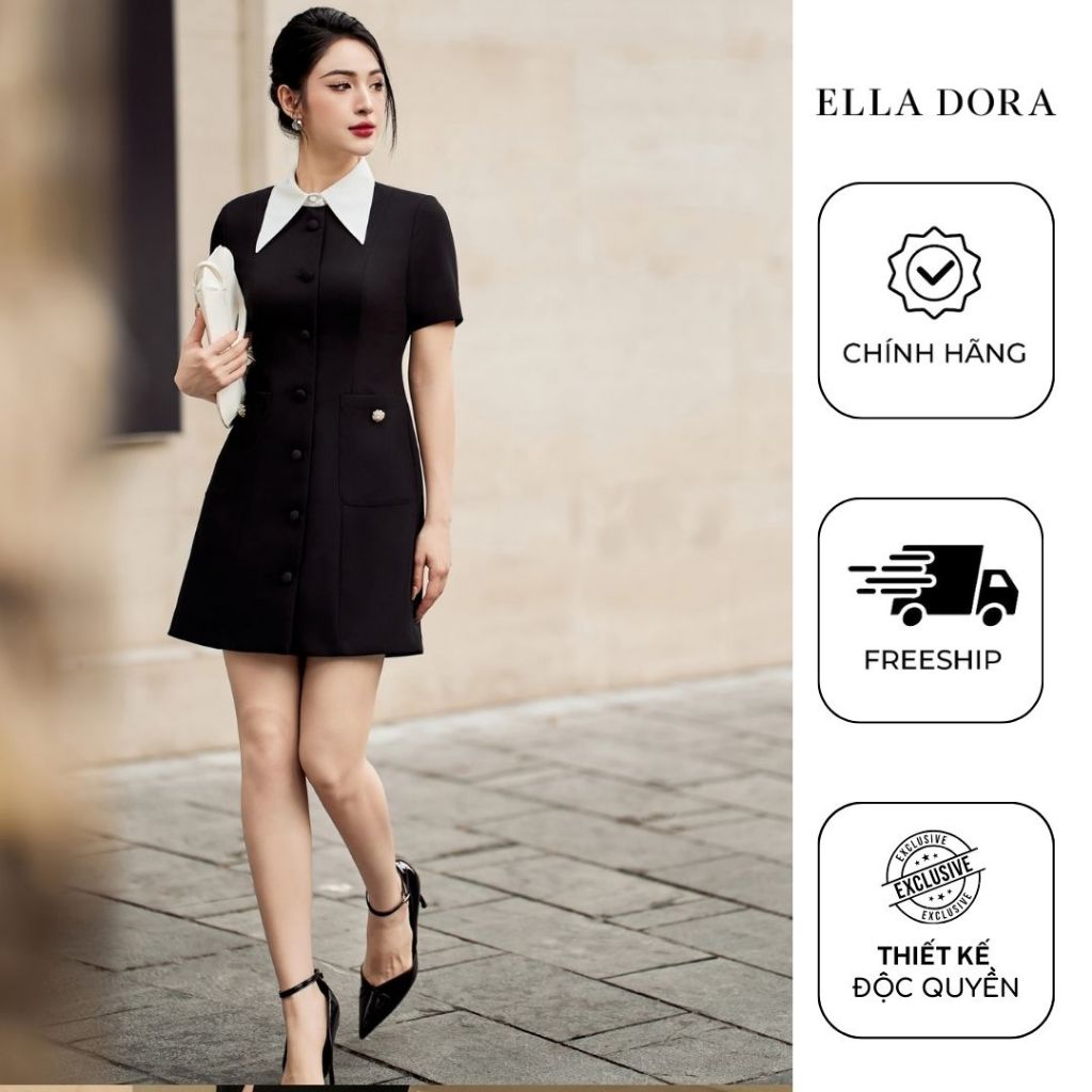 Đầm công sở ELLA DORA thiết kể ôm nhẹ tay ngắn cổ phối màu đen trắng thanh lịch nhẹ nhàng [D210]