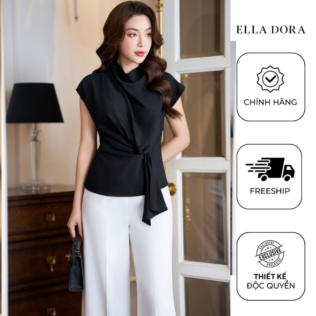 Áo sơ mi nữ ELLA DORA tay ngắn nhấn eo cách điệu dáng form gọn thanh lịch hai màu TRẮNG/ĐEN [SM118]